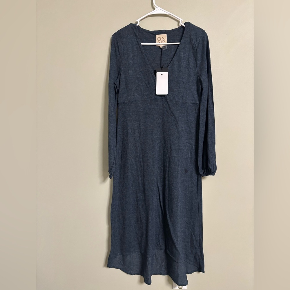 CHASER Blue V-Neck Bell Sleeve High Low Comfy Maxi Dress Size Medium Empire New